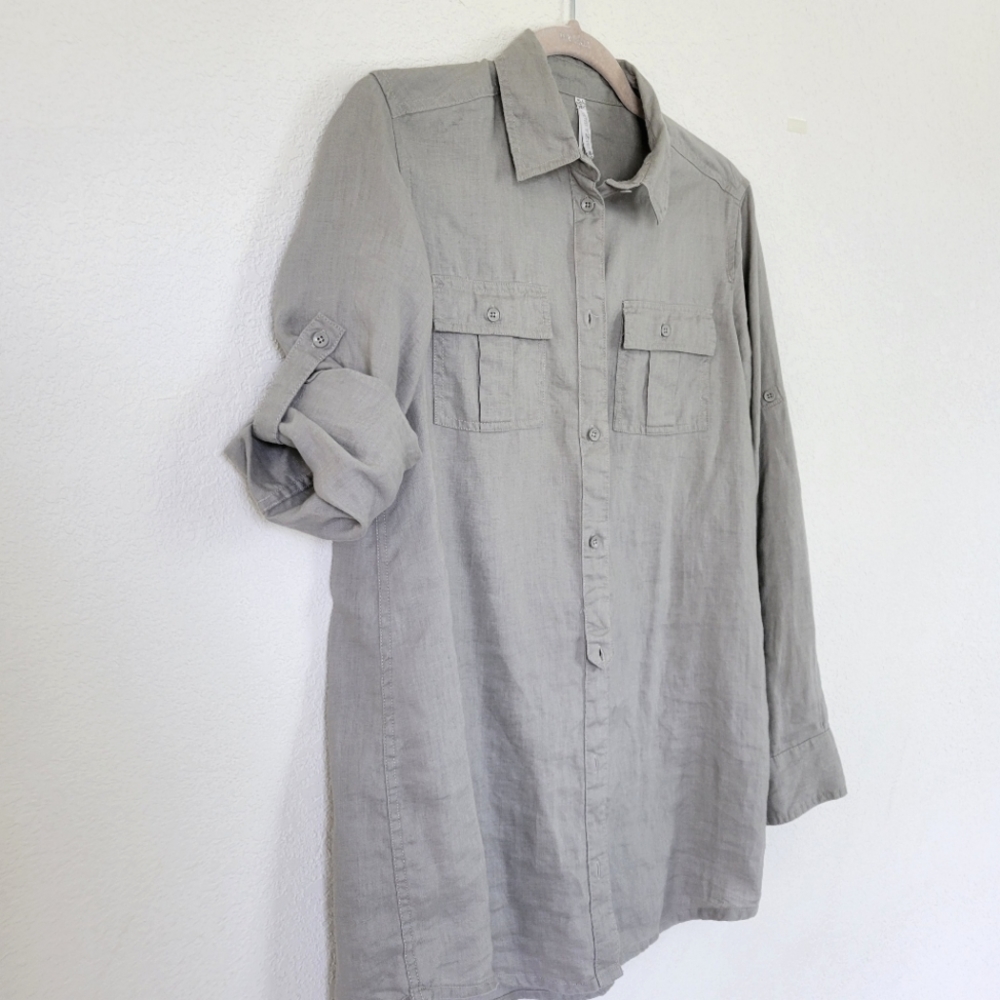 Women's 100% Linen Button Up Shirt Blouse Long Sleeve Pockets Piazza Italia